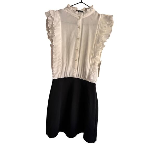 Zara Trafaluc Ruffle Sleeve Pleated Dress Black White Mock Neck S NWT Office - Picture 4 of 7